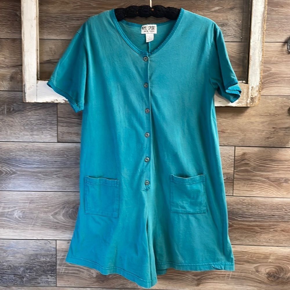 NYL SPORT New York Ladies Cotton Romper One Piece Shorts Button Front Large Teal